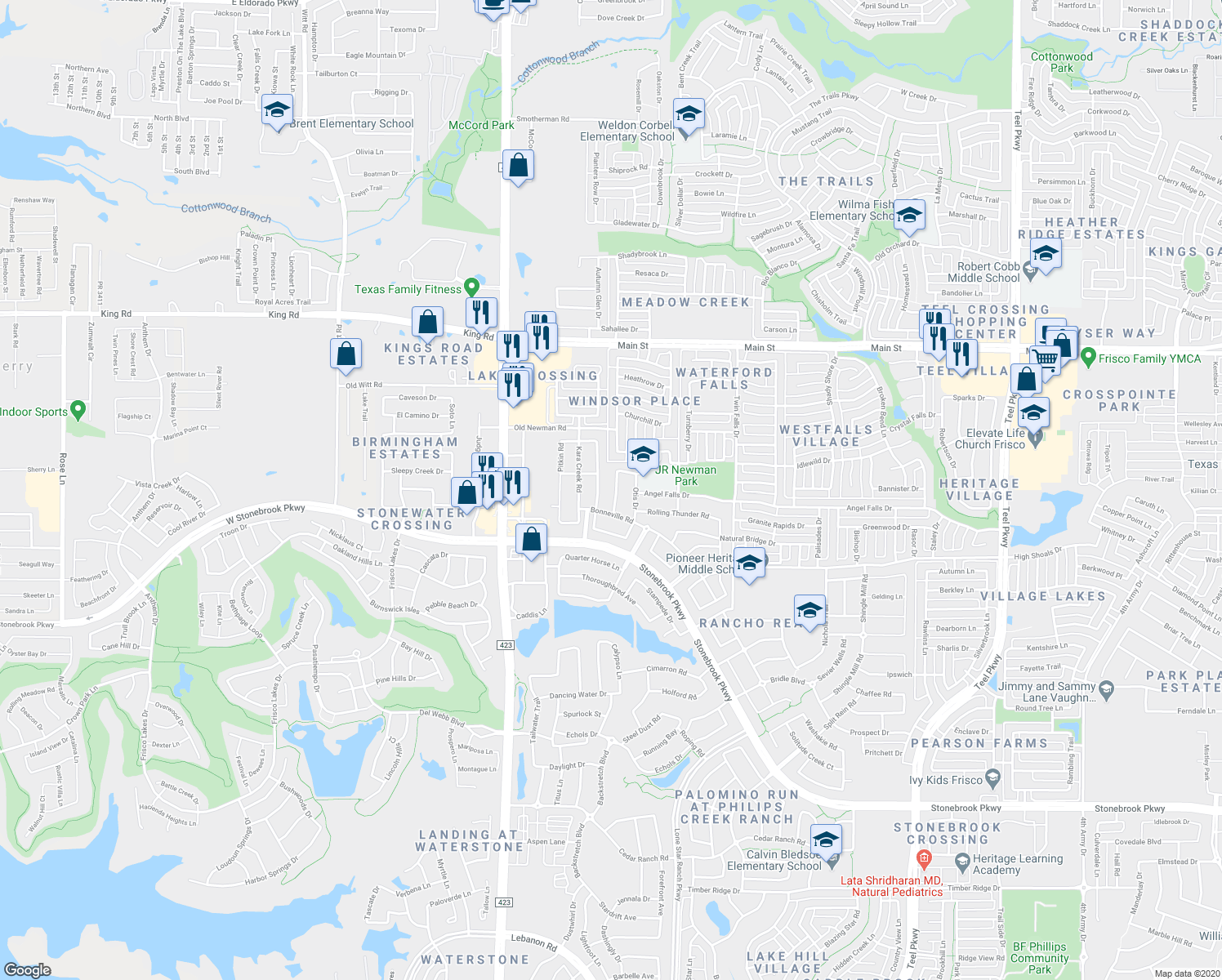 map of restaurants, bars, coffee shops, grocery stores, and more near 8205 Haltered Horse Lane in Frisco