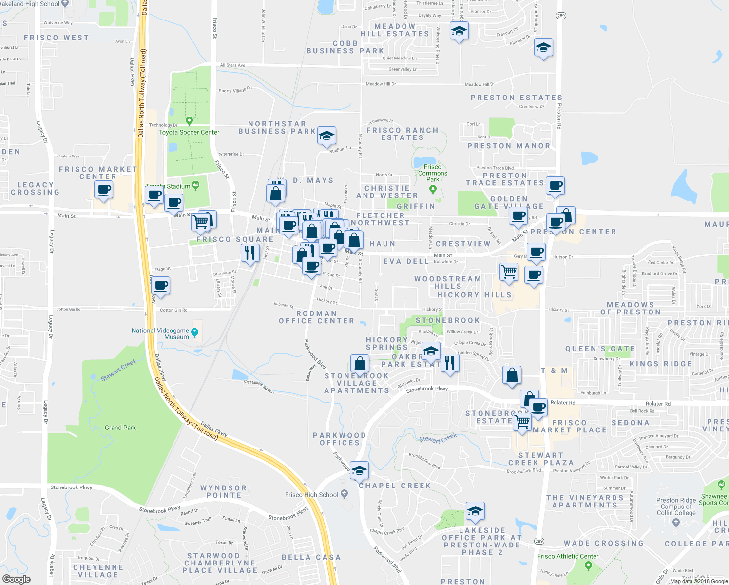 map of restaurants, bars, coffee shops, grocery stores, and more near 8620 South County Road in Frisco