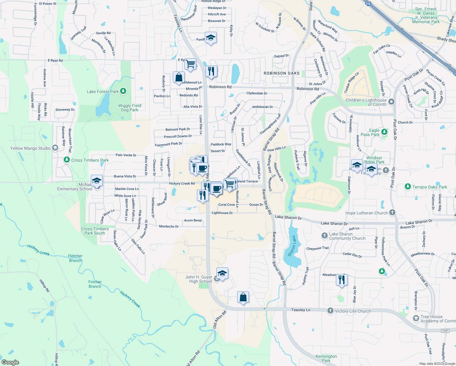 map of restaurants, bars, coffee shops, grocery stores, and more near 3000 Groveland Terrace in Denton