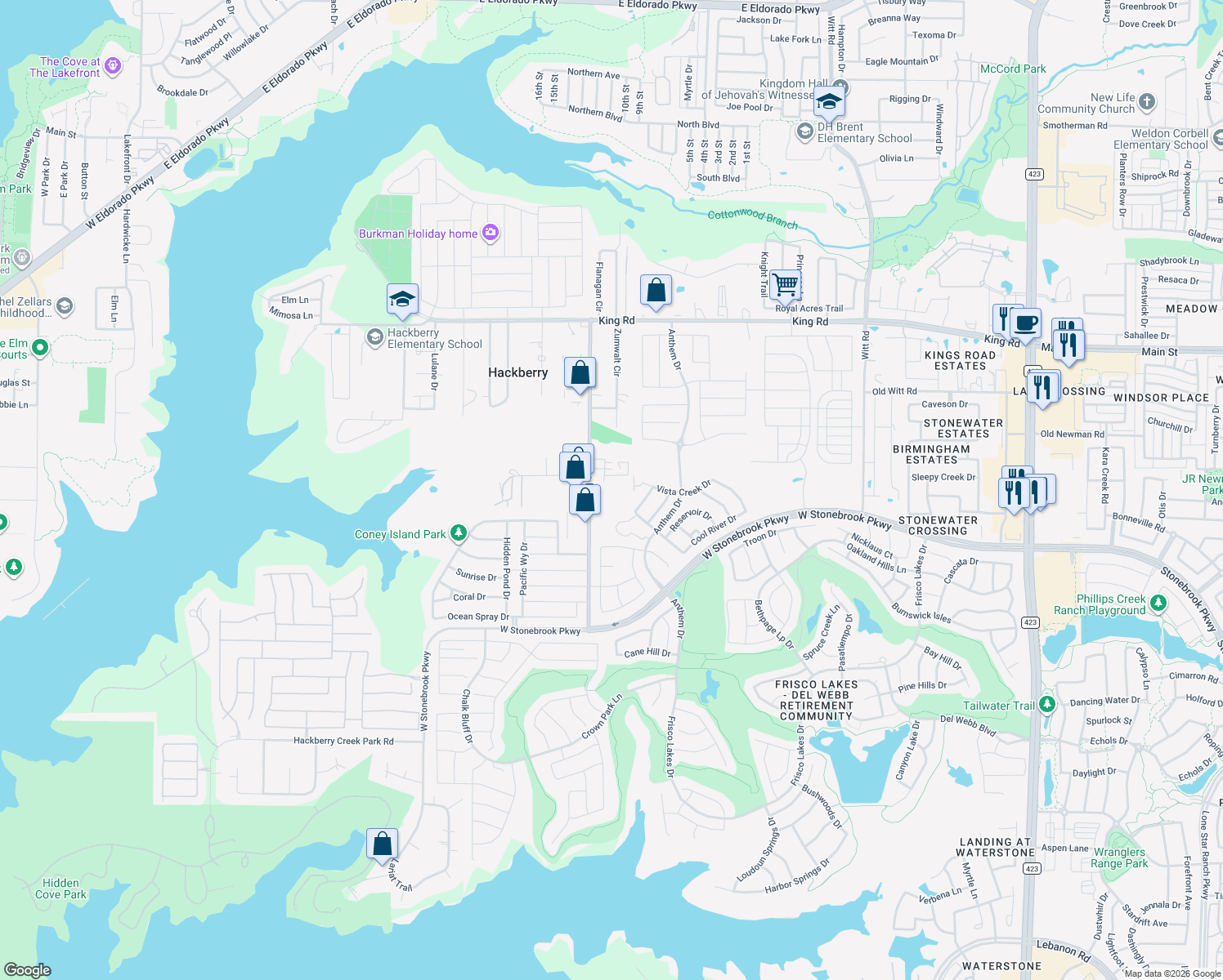 map of restaurants, bars, coffee shops, grocery stores, and more near 301 Rose Ln in Frisco