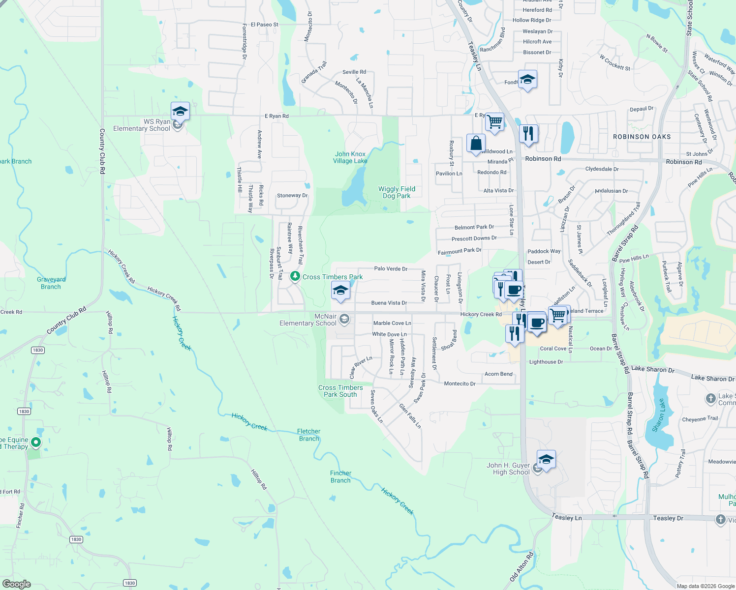 map of restaurants, bars, coffee shops, grocery stores, and more near 1312 Vista Verde St in Denton