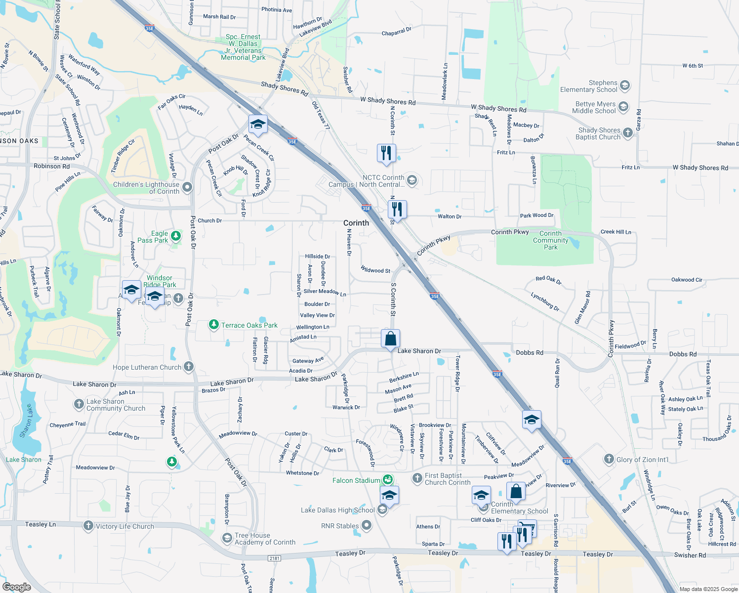 map of restaurants, bars, coffee shops, grocery stores, and more near 2808 Silver Meadow Lane in Corinth