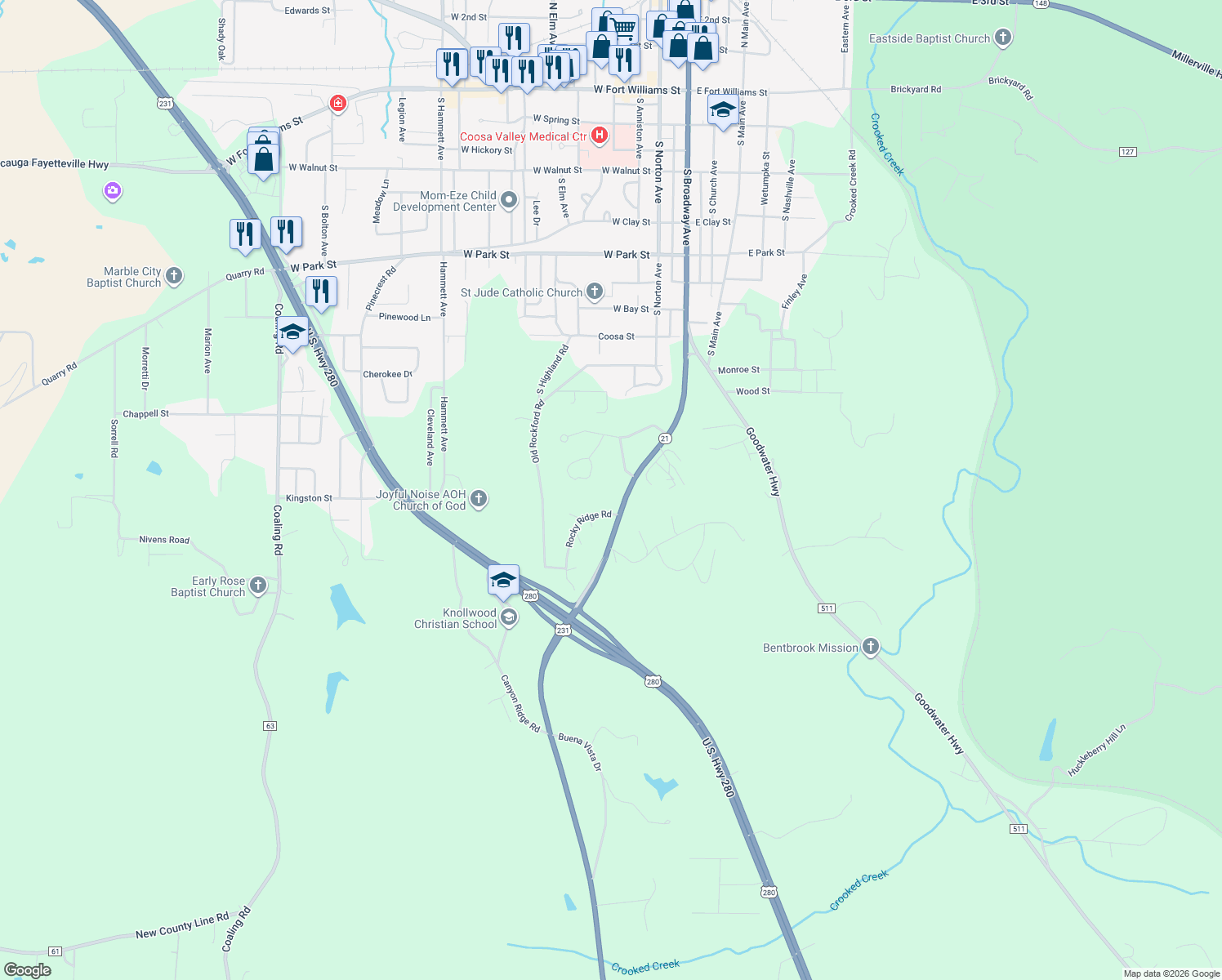 map of restaurants, bars, coffee shops, grocery stores, and more near 1089 Old Rockford Road in Sylacauga