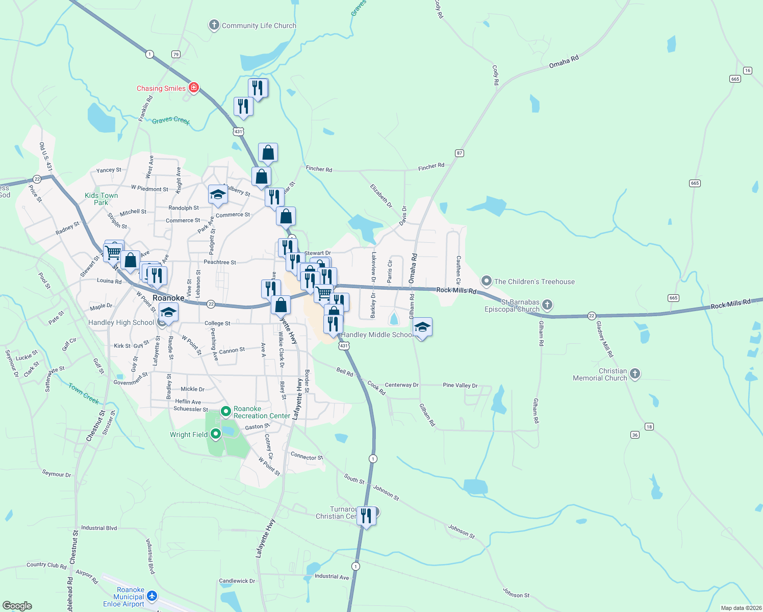 map of restaurants, bars, coffee shops, grocery stores, and more near 422 Douglas Drive in Roanoke