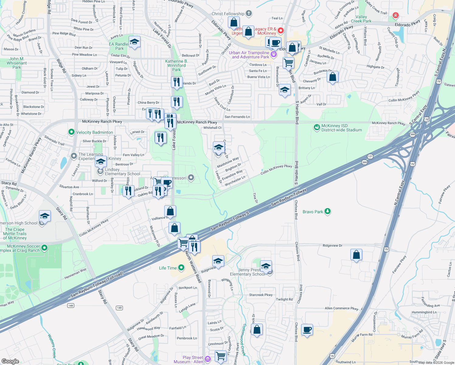 map of restaurants, bars, coffee shops, grocery stores, and more near 4704 Worchester Lane in McKinney