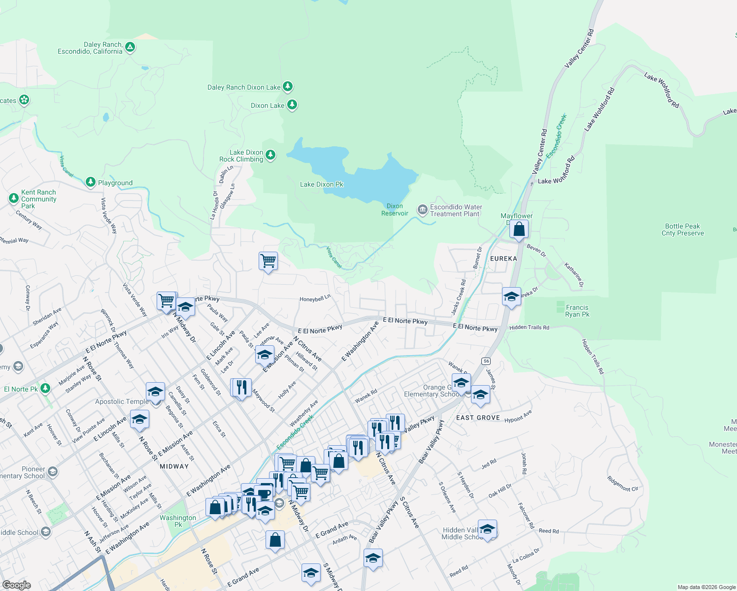map of restaurants, bars, coffee shops, grocery stores, and more near 2720 Fieldbrook Way in Escondido