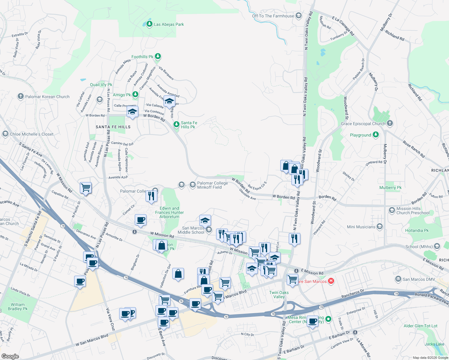 map of restaurants, bars, coffee shops, grocery stores, and more near 350 Glendale Avenue in San Marcos