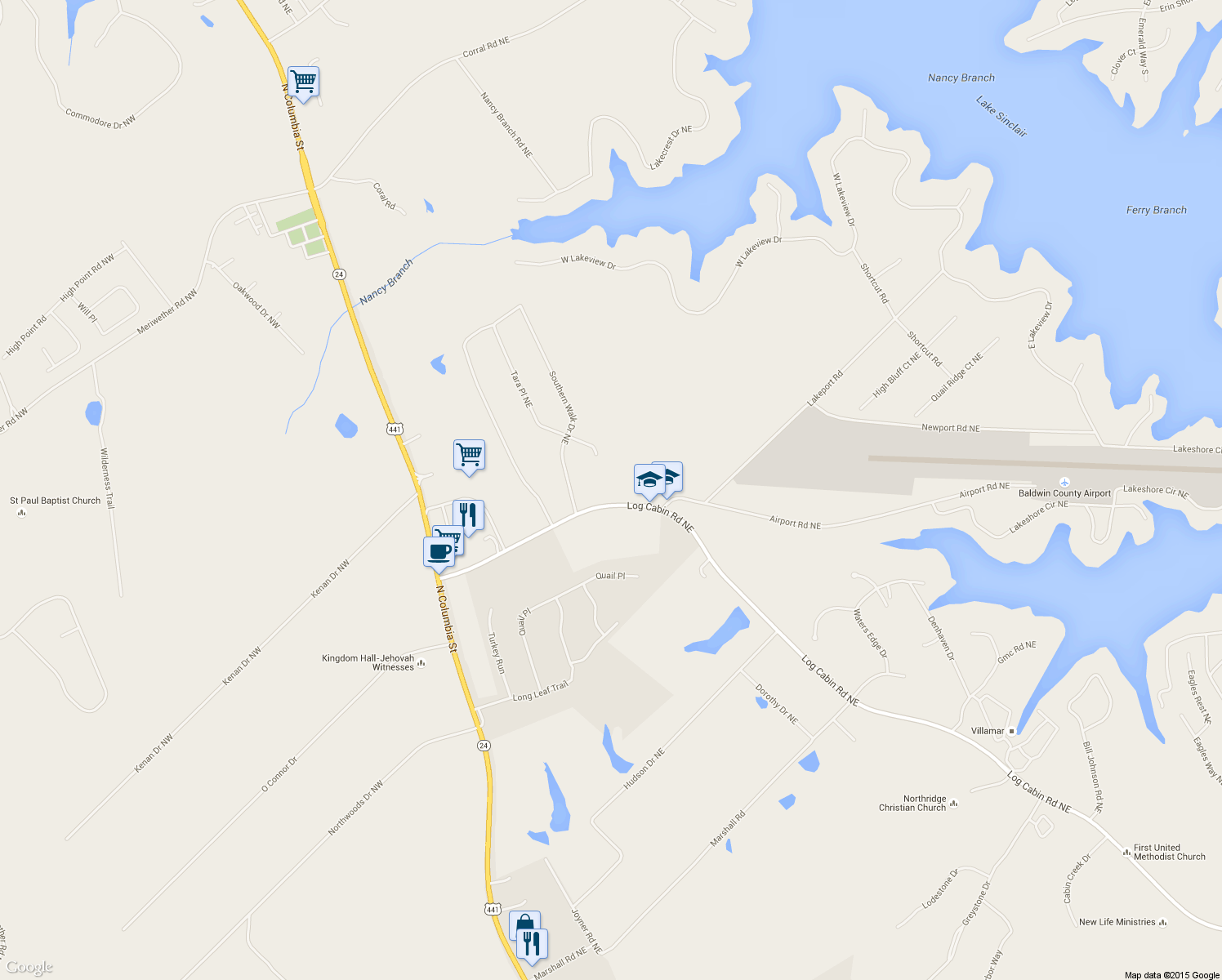 map of restaurants, bars, coffee shops, grocery stores, and more near 156 Log Cabin Road Northeast in Milledgeville