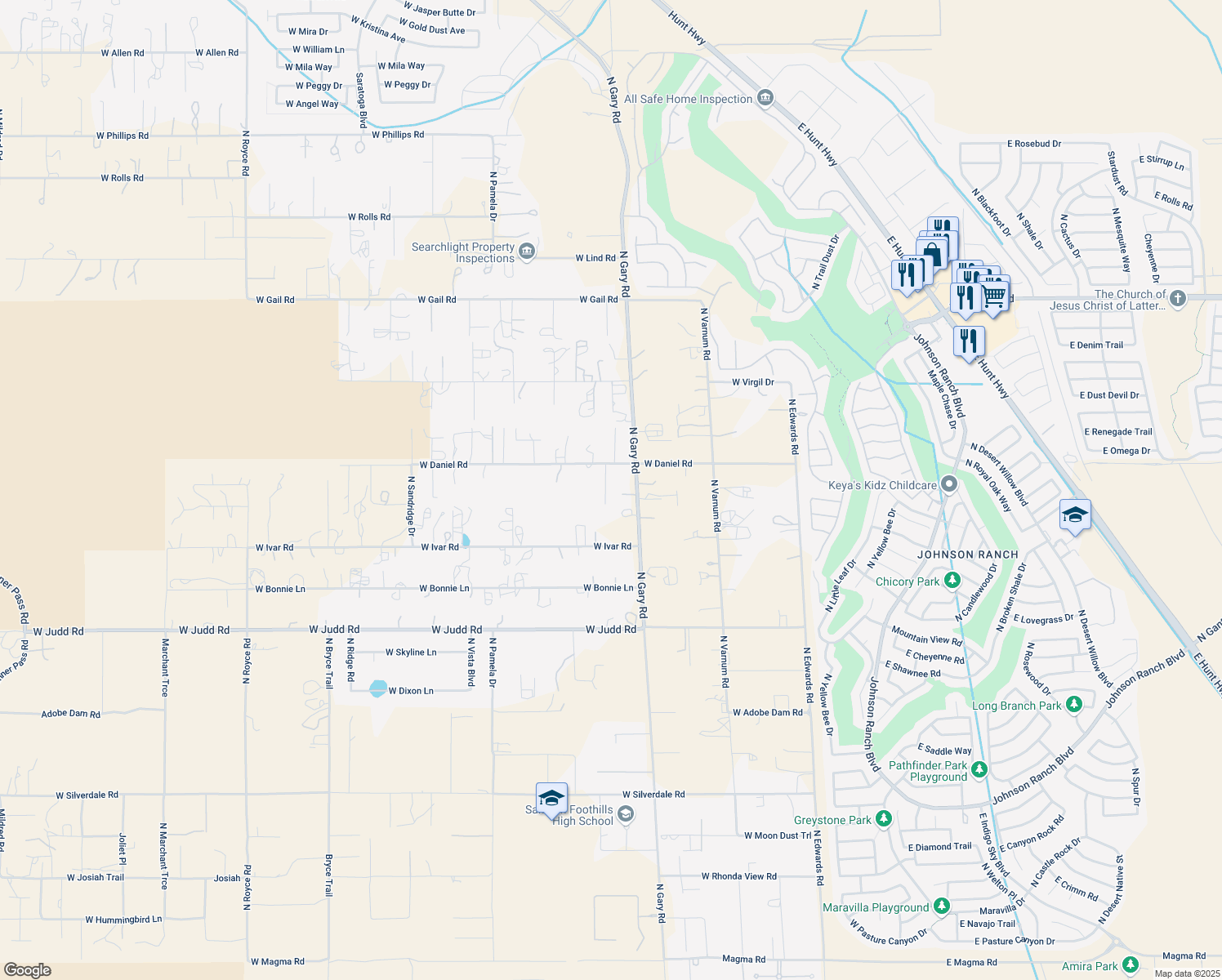 map of restaurants, bars, coffee shops, grocery stores, and more near 30171 North Emily Drive in Queen Creek