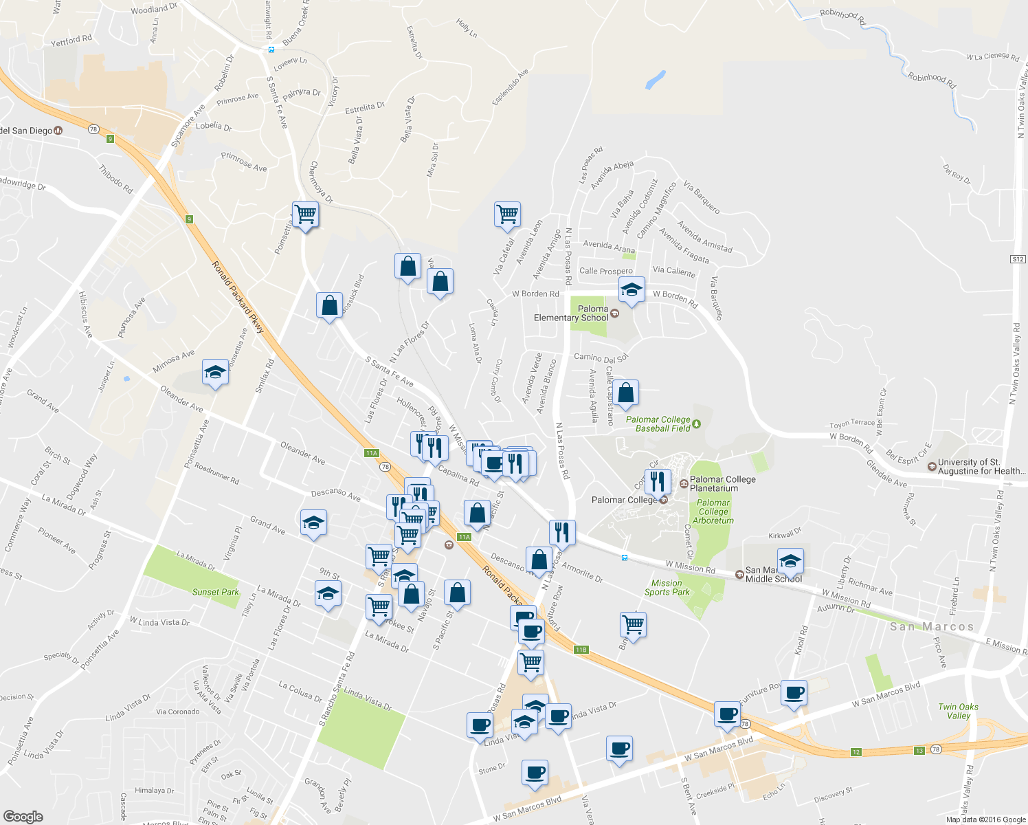 map of restaurants, bars, coffee shops, grocery stores, and more near 1616 Curry Comb Dr in San Marcos