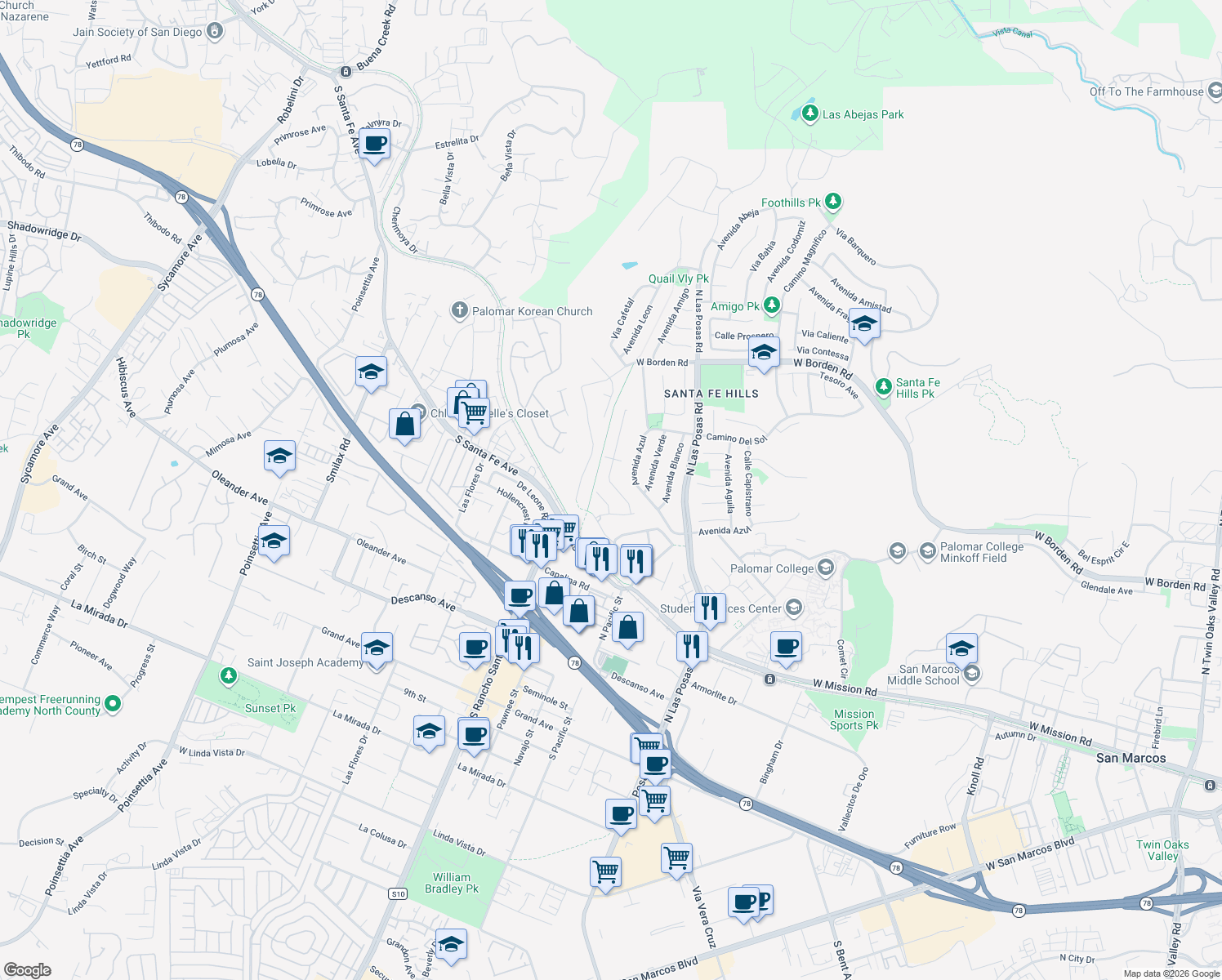 map of restaurants, bars, coffee shops, grocery stores, and more near 1659 Curry Comb Drive in San Marcos