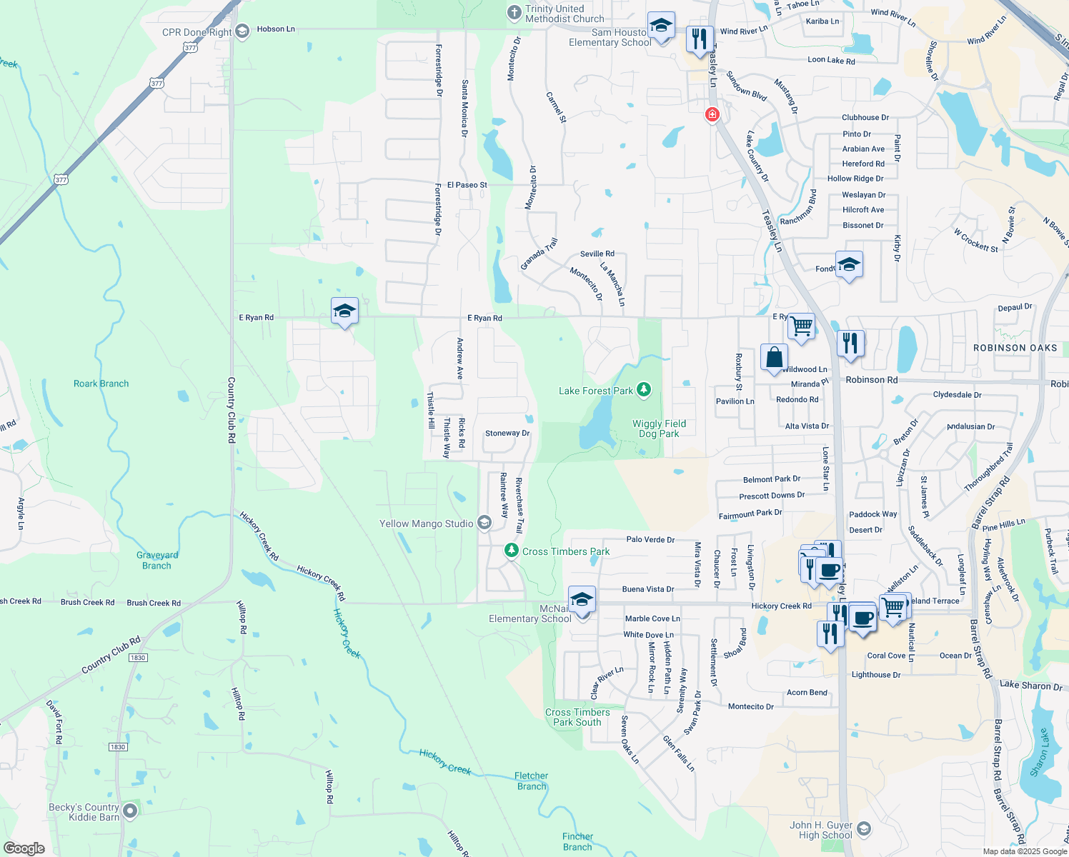 map of restaurants, bars, coffee shops, grocery stores, and more near 1021 Stoneway Drive in Denton