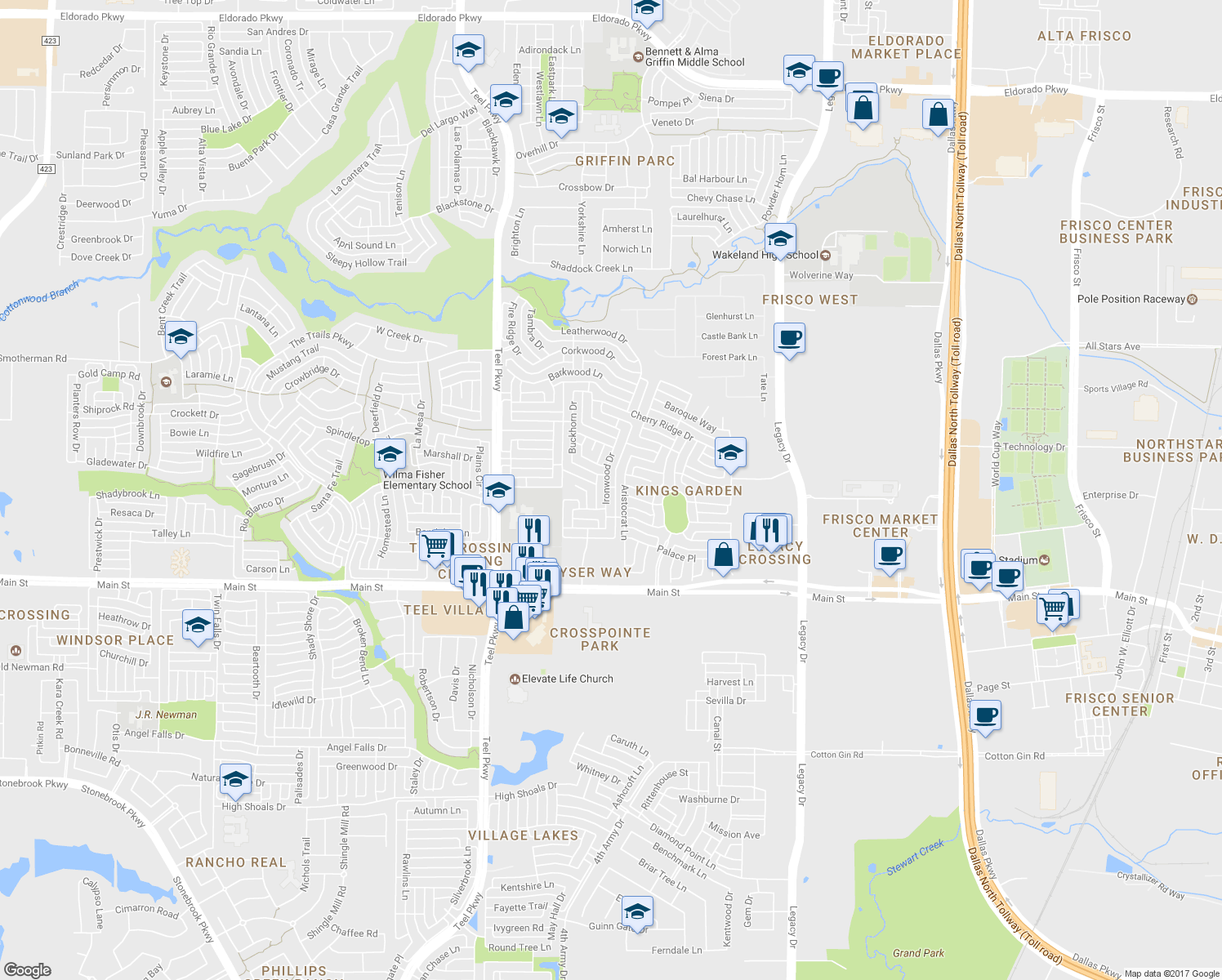 map of restaurants, bars, coffee shops, grocery stores, and more near 9446 Ironwood Drive in Frisco