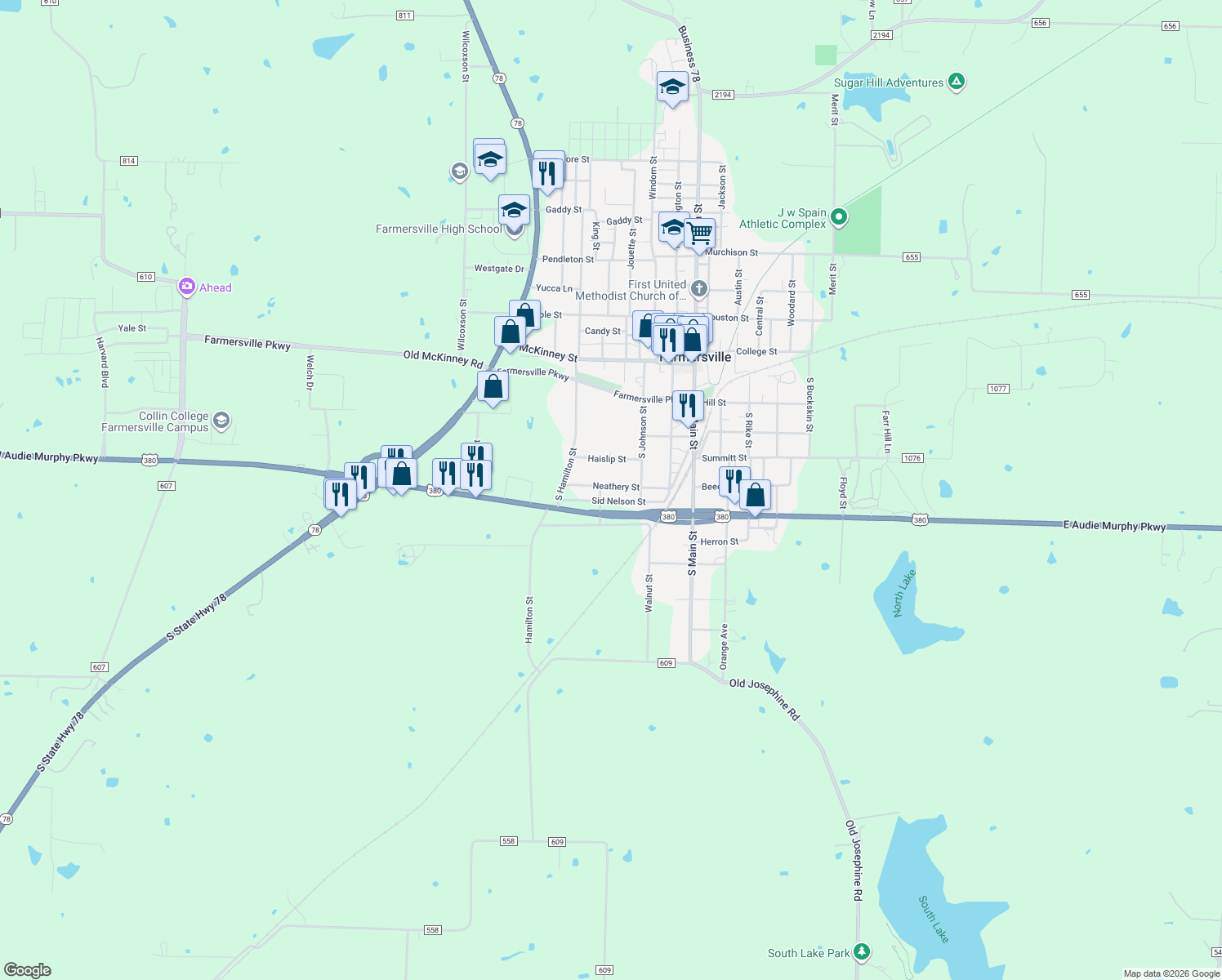 map of restaurants, bars, coffee shops, grocery stores, and more near 409 Neathery Street in Farmersville