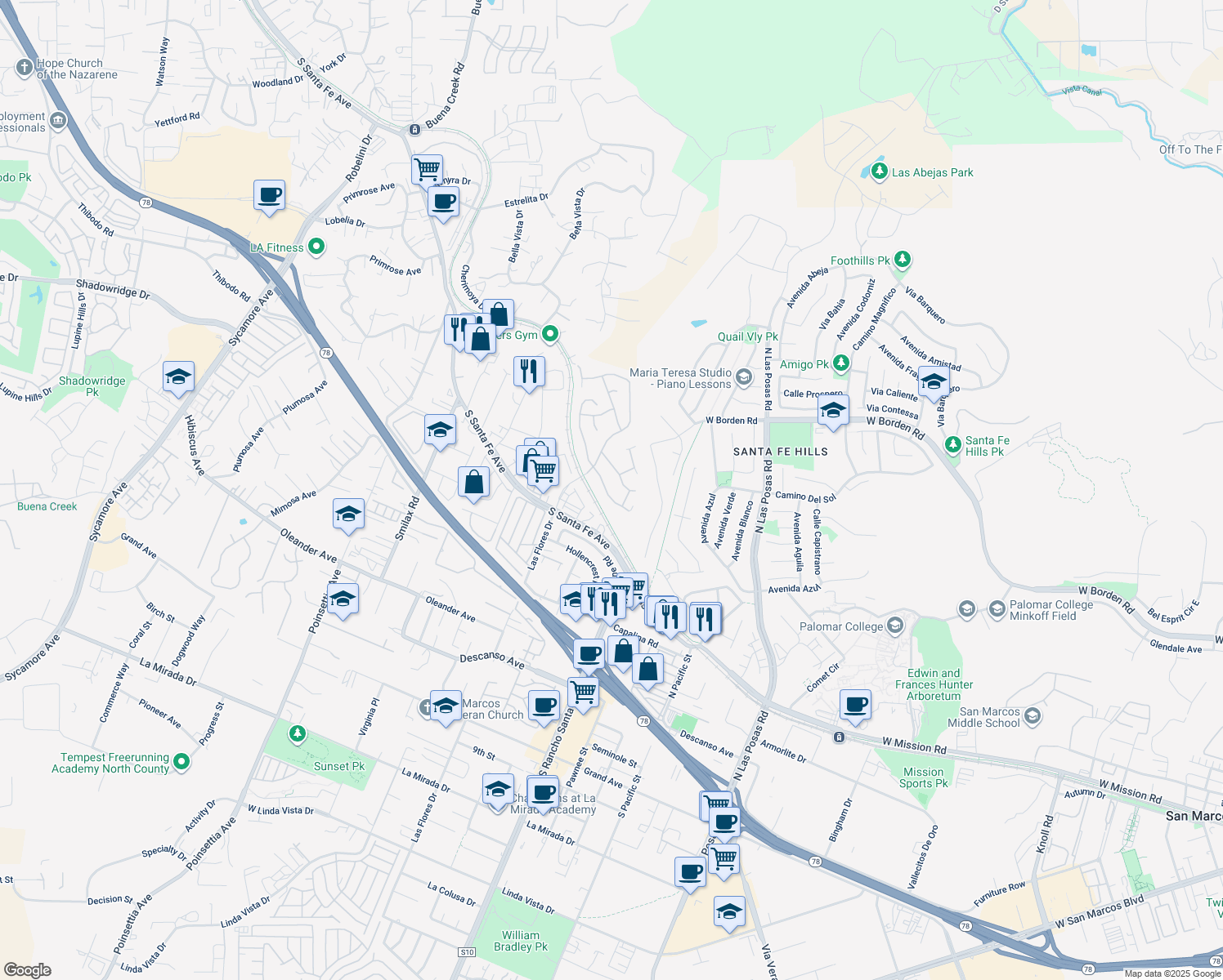 map of restaurants, bars, coffee shops, grocery stores, and more near 823 Via La Venta in San Marcos