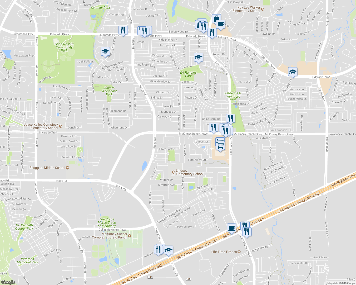 map of restaurants, bars, coffee shops, grocery stores, and more near 5701 Broken Spur in McKinney