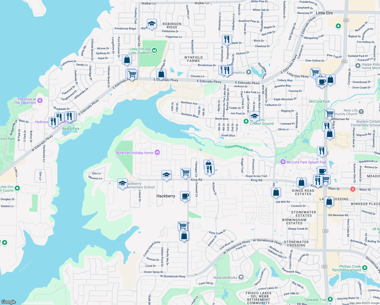 map of restaurants, bars, coffee shops, grocery stores, and more near 22091 Flanagan Circle in Frisco