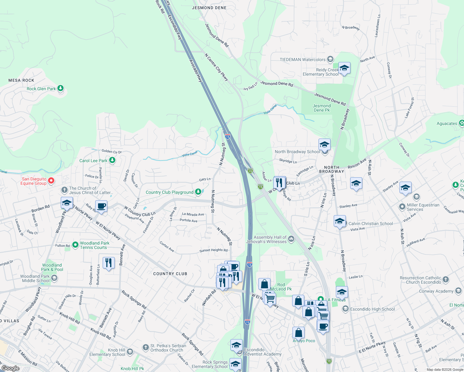 map of restaurants, bars, coffee shops, grocery stores, and more near 935 Hawaii Place in Escondido