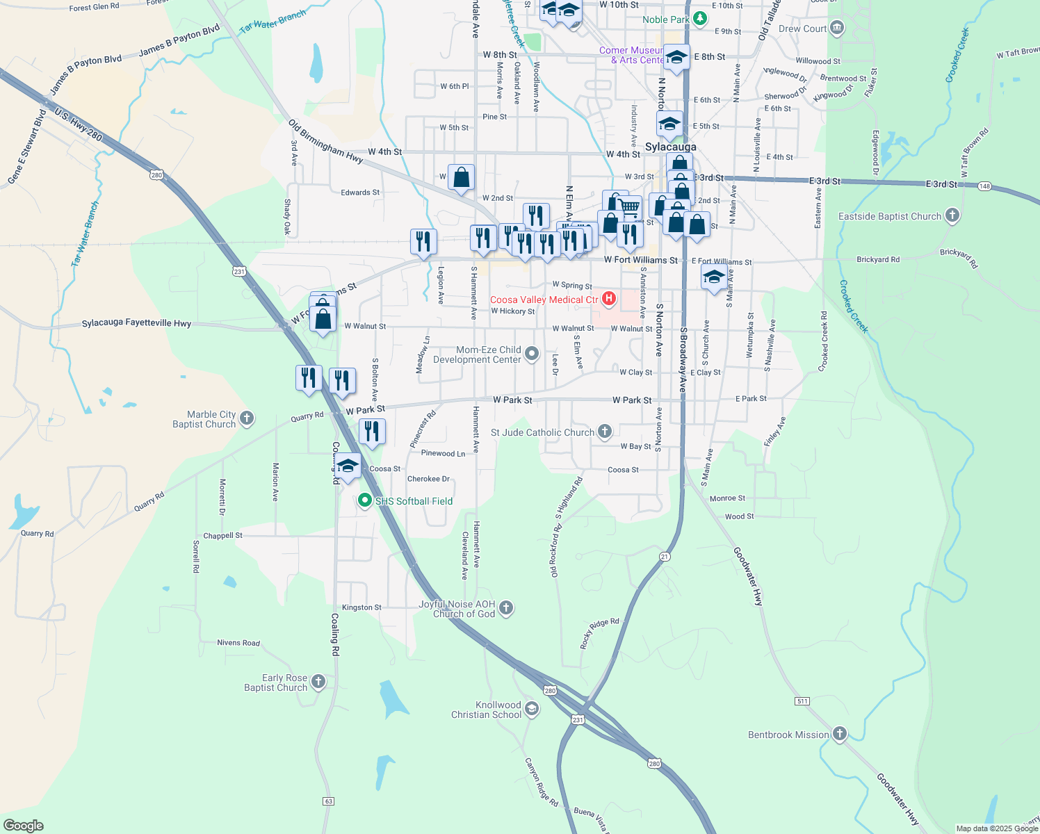 map of restaurants, bars, coffee shops, grocery stores, and more near 302 South Oak Avenue in Sylacauga
