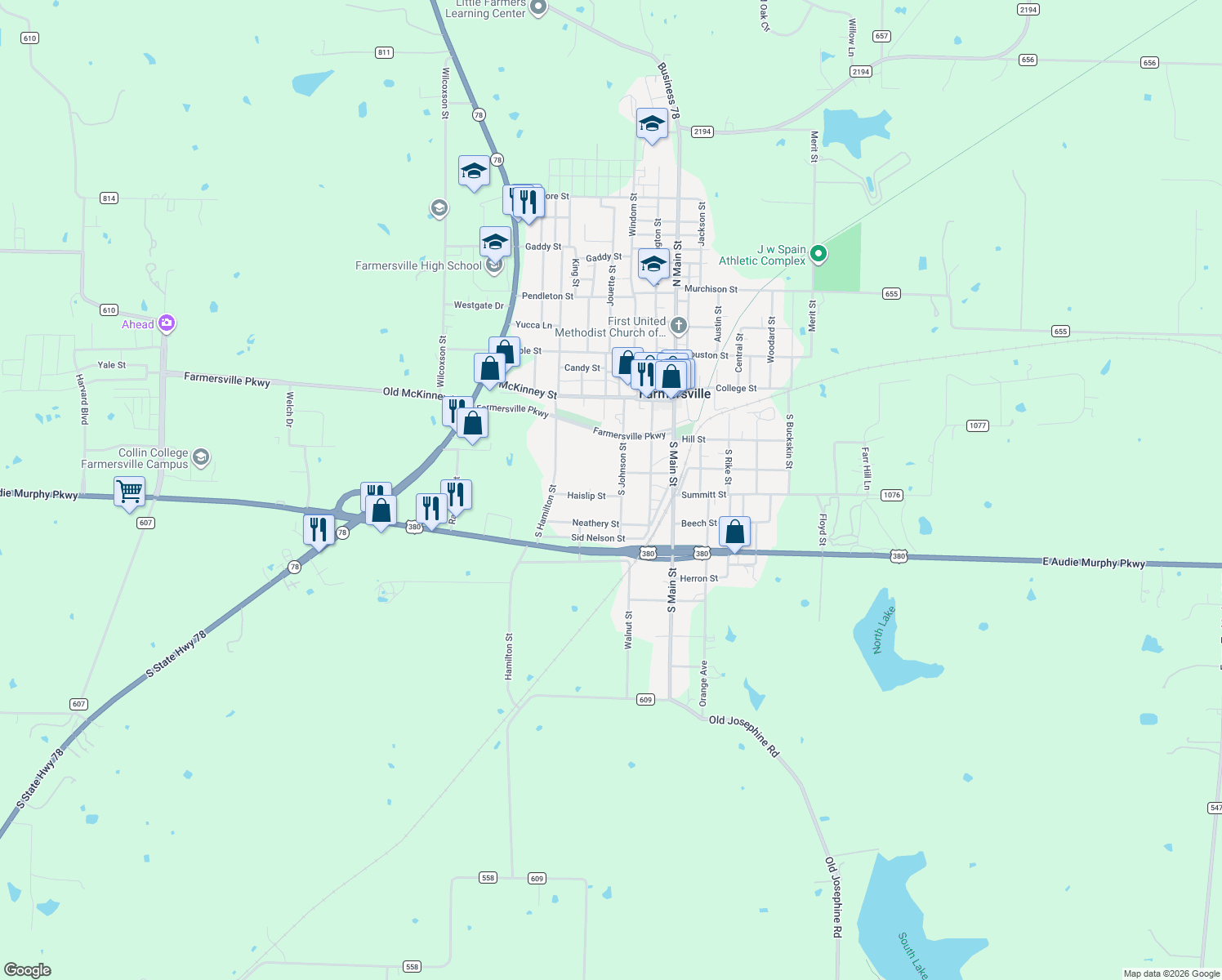 map of restaurants, bars, coffee shops, grocery stores, and more near 306 Haislip St in Farmersville