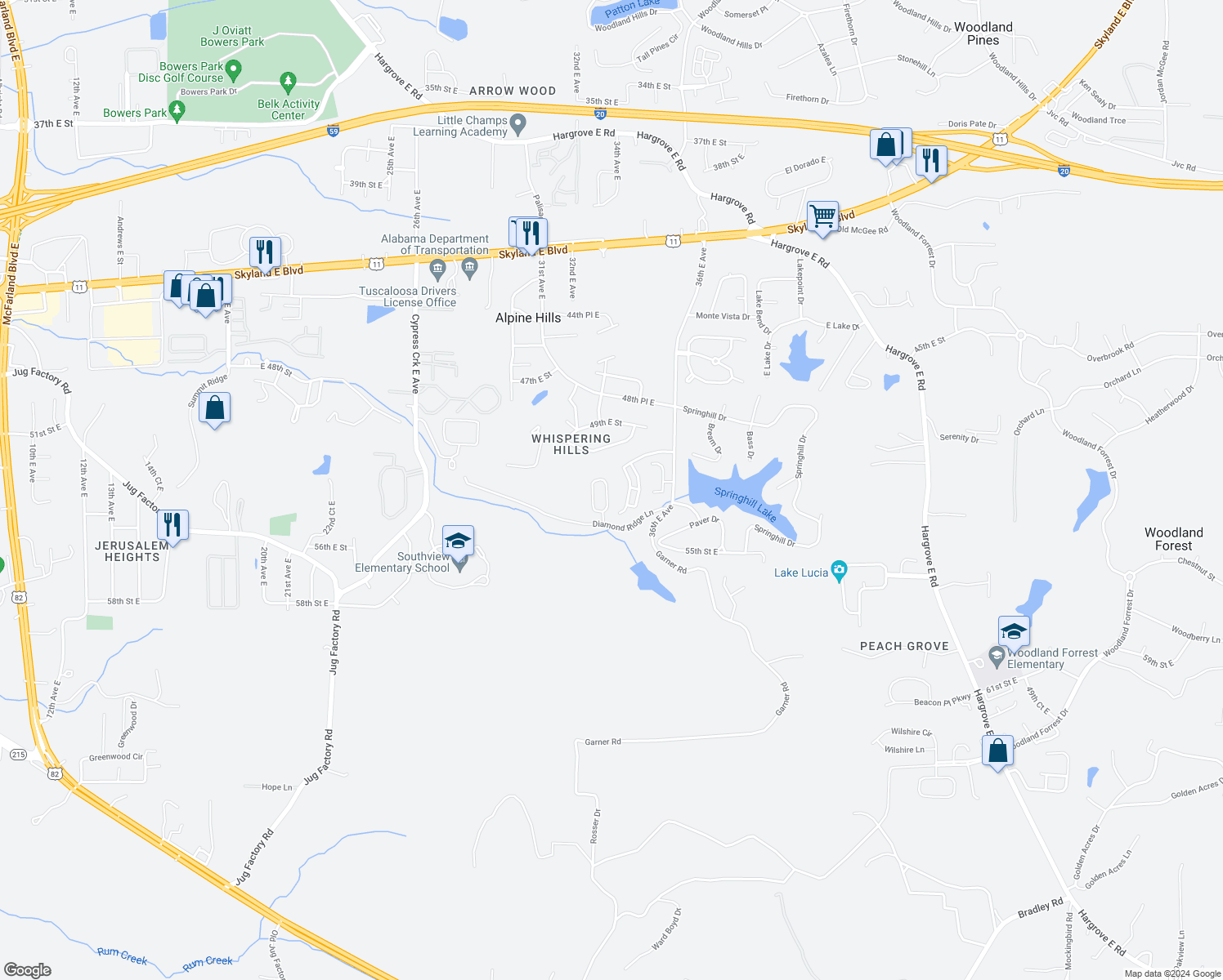 map of restaurants, bars, coffee shops, grocery stores, and more near 5177 Diamond Circle in Tuscaloosa