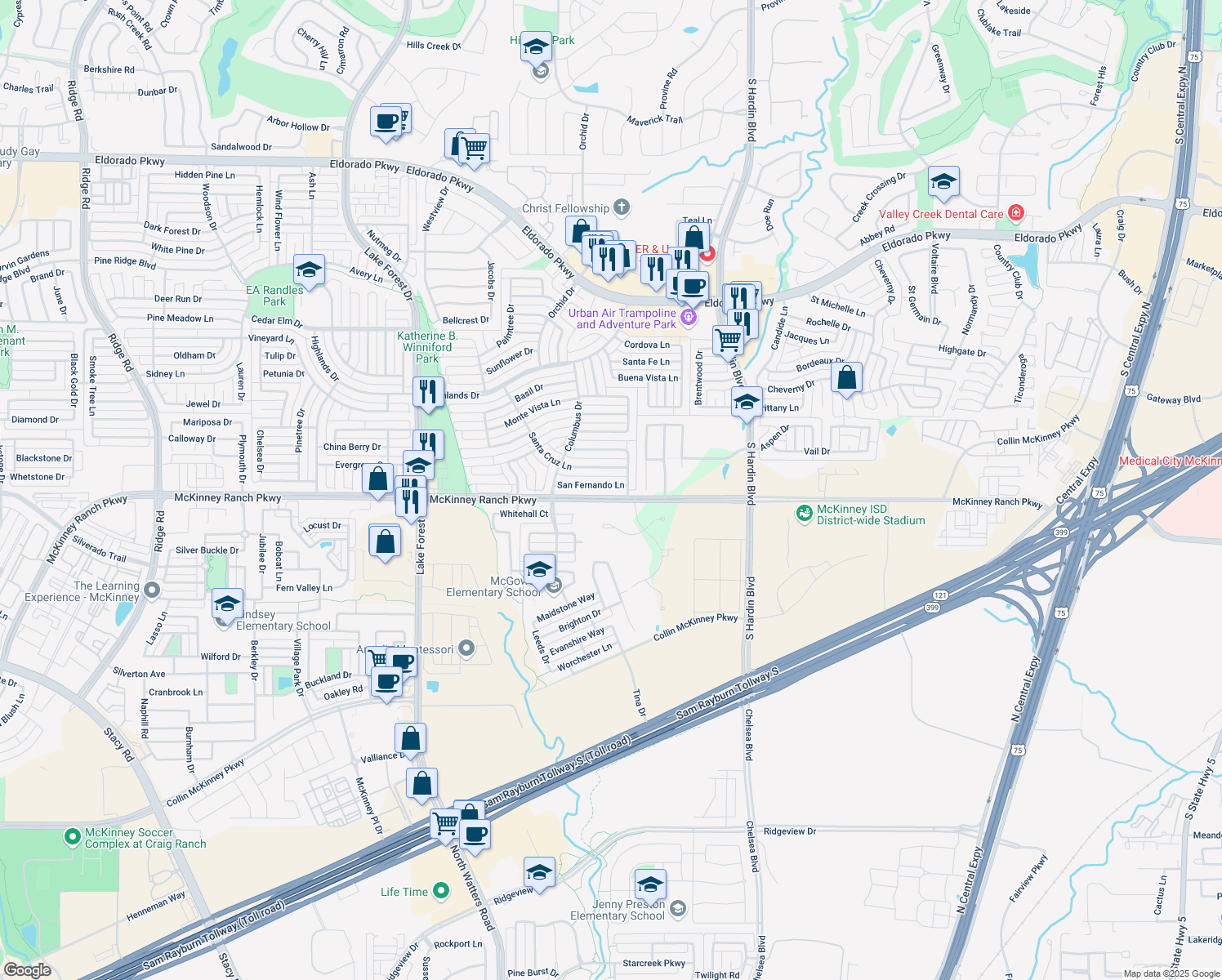 map of restaurants, bars, coffee shops, grocery stores, and more near 4407 San Fernando Lane in McKinney