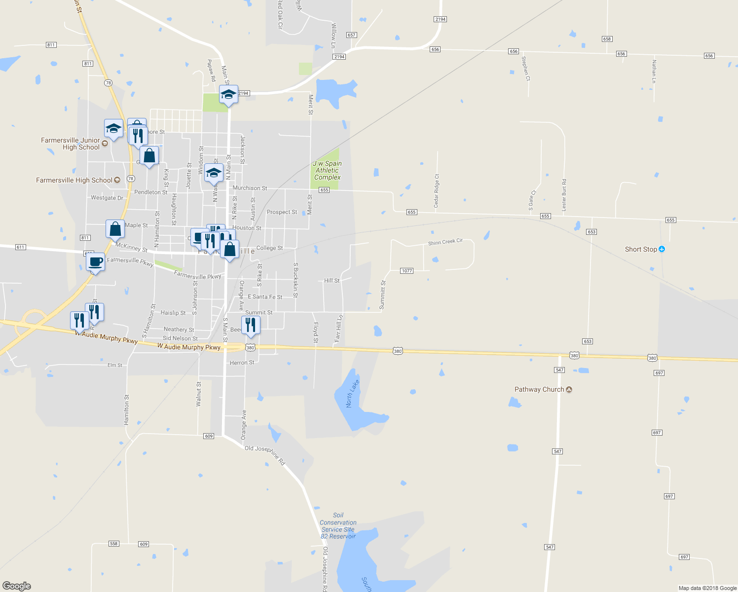 map of restaurants, bars, coffee shops, grocery stores, and more near 1167 County Road 1077 in Farmersville