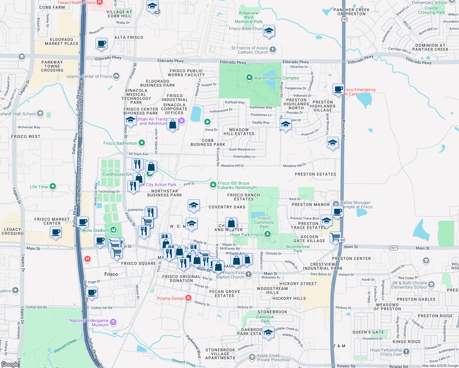 map of restaurants, bars, coffee shops, grocery stores, and more near 7650 Cottonwood Street in Frisco