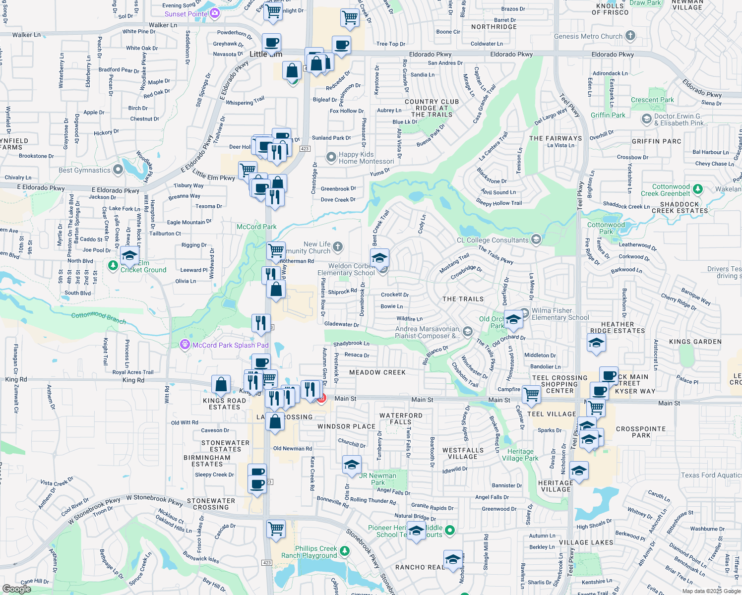 map of restaurants, bars, coffee shops, grocery stores, and more near 10887 Silver Dollar Dr in Frisco