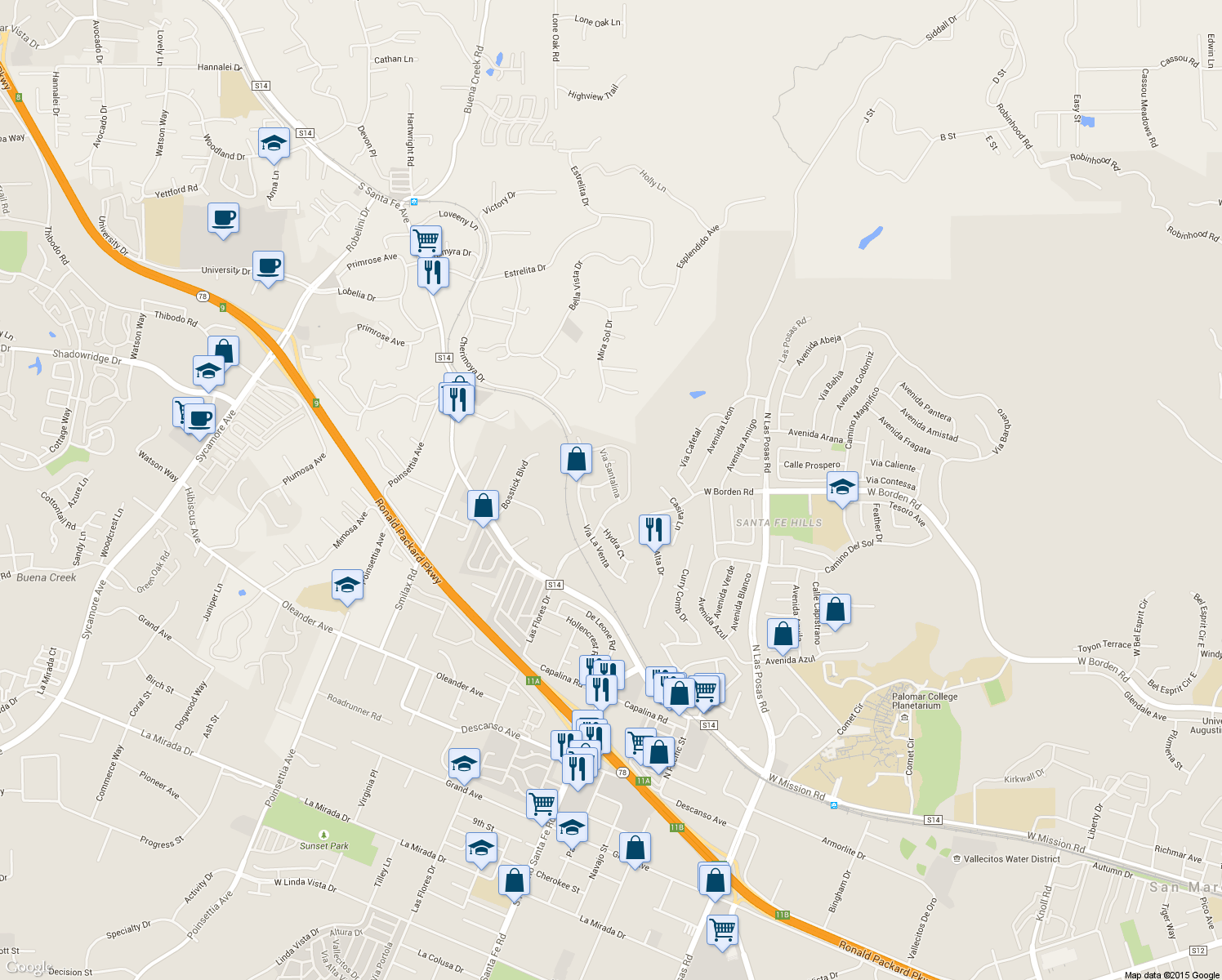 map of restaurants, bars, coffee shops, grocery stores, and more near 1002 Via Santalina in San Marcos
