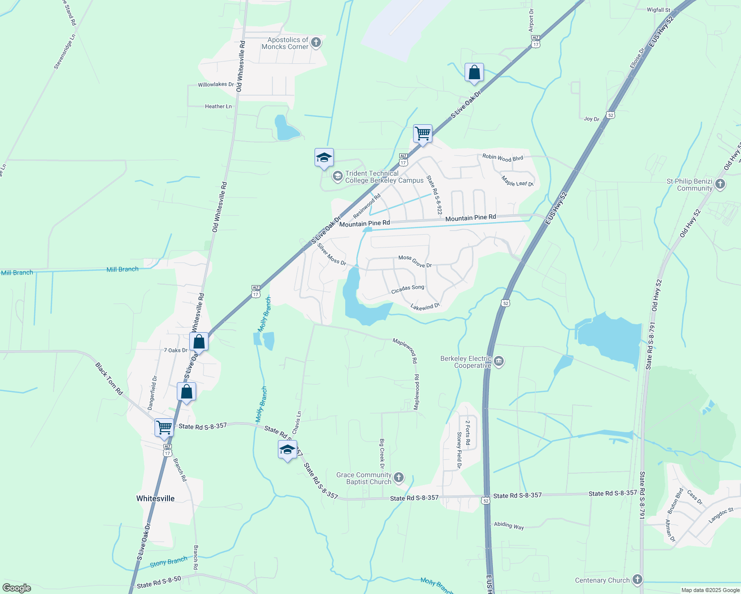 map of restaurants, bars, coffee shops, grocery stores, and more near 346 Cicadas Song Drive in Moncks Corner