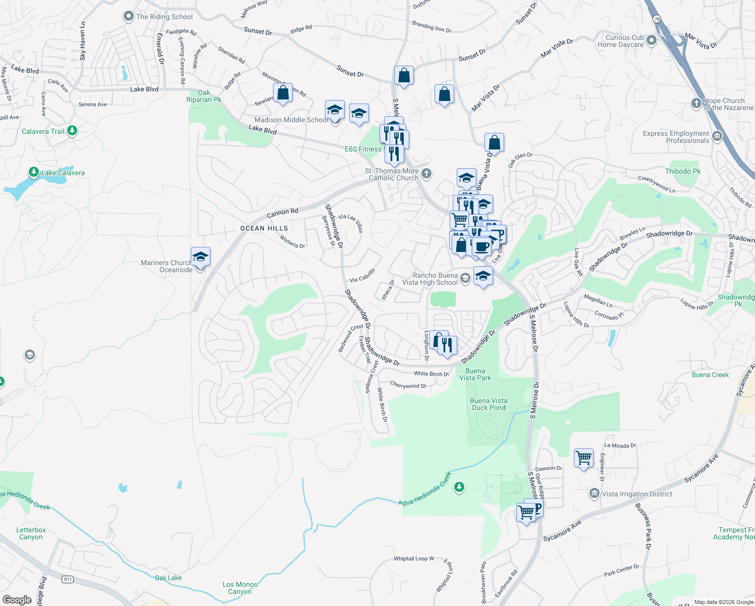 map of restaurants, bars, coffee shops, grocery stores, and more near 1853 Ithaca Dr in Vista