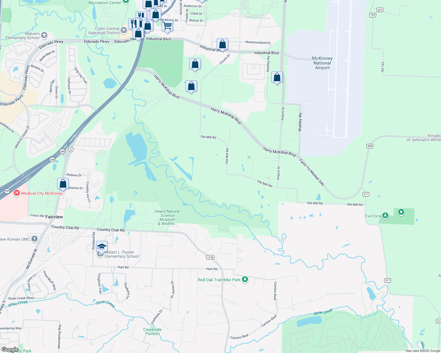 map of restaurants, bars, coffee shops, grocery stores, and more near 1208 Old Mill Road in McKinney