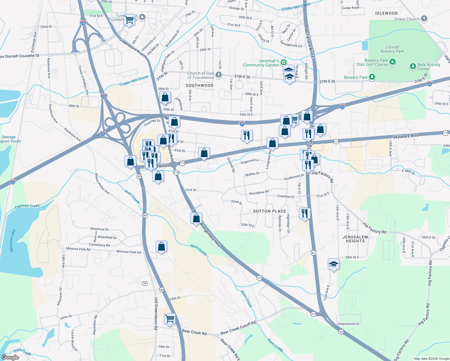 map of restaurants, bars, coffee shops, grocery stores, and more near 11 Valleyview Circle in Tuscaloosa