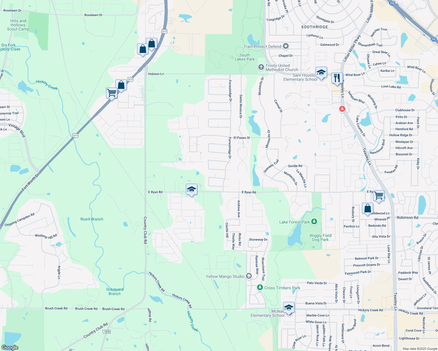 map of restaurants, bars, coffee shops, grocery stores, and more near 5 Royal Oaks Cir in Denton