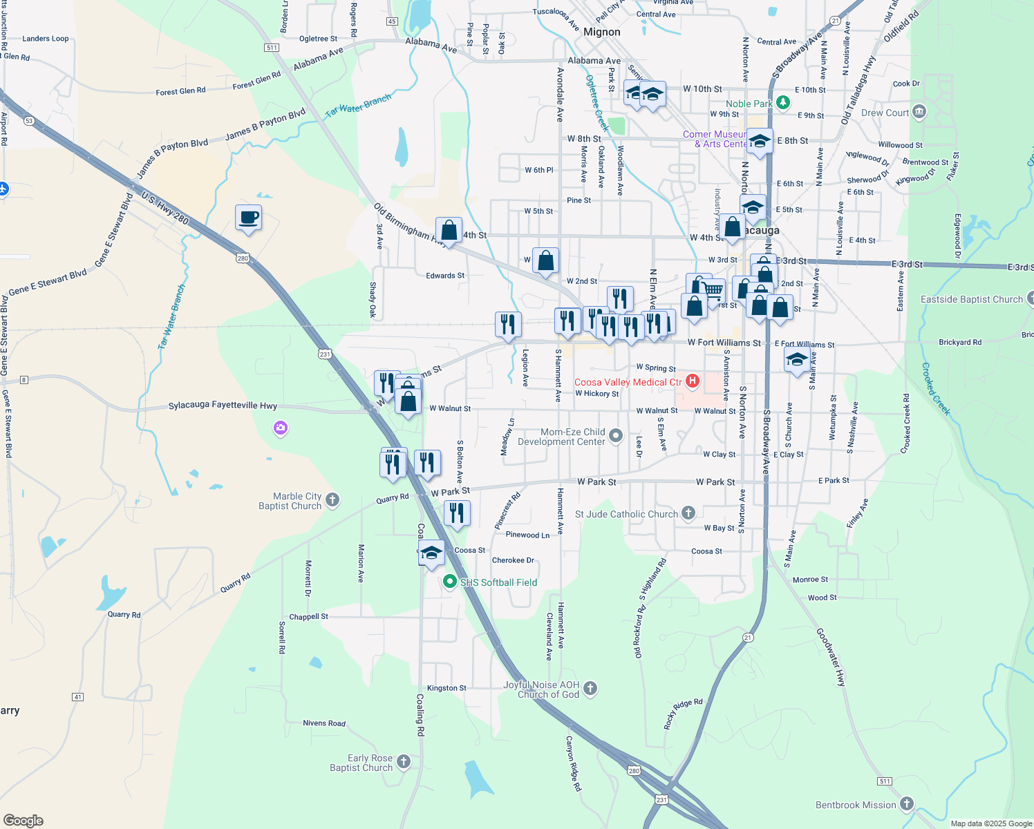 map of restaurants, bars, coffee shops, grocery stores, and more near 200 Meadow Lane in Sylacauga