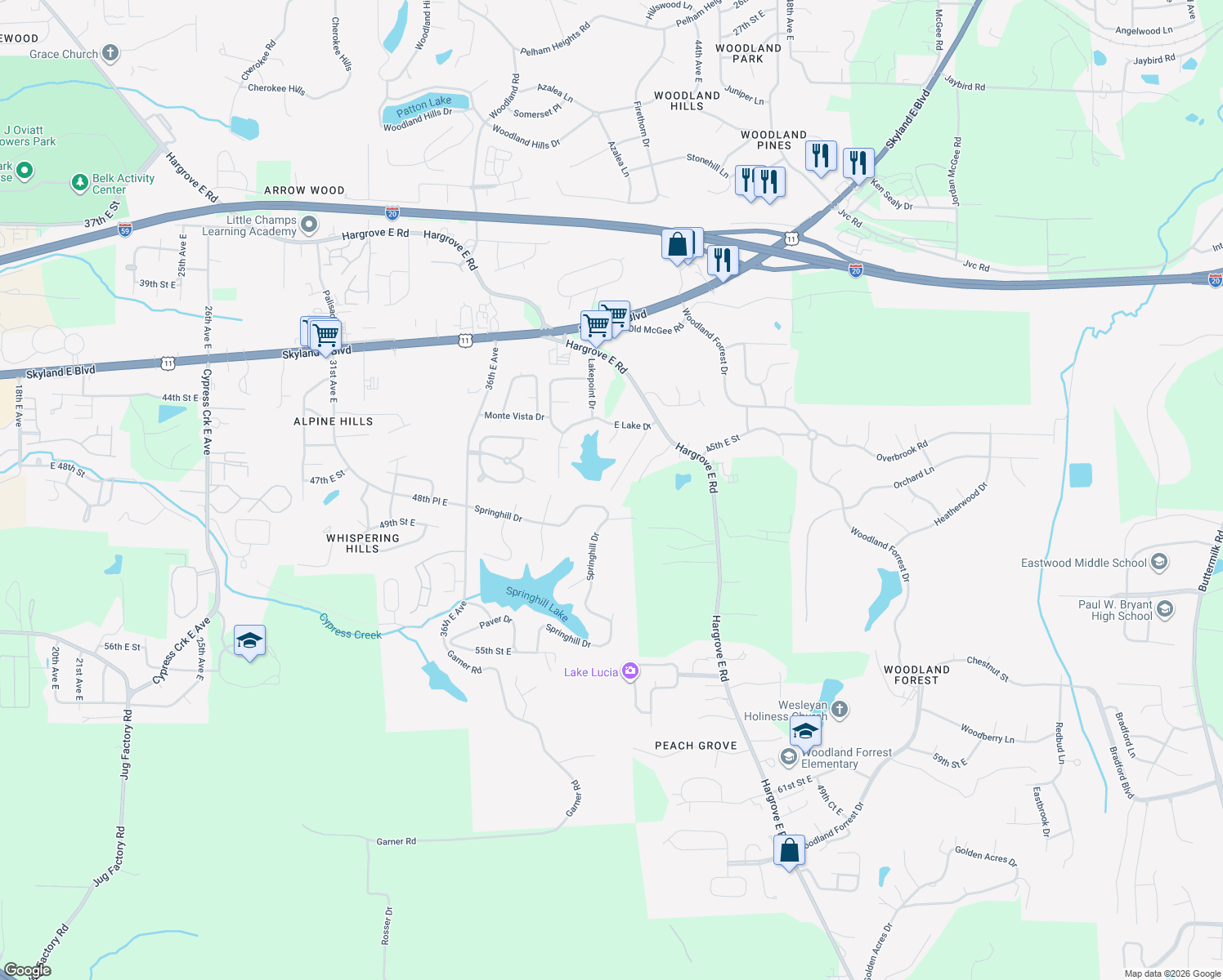 map of restaurants, bars, coffee shops, grocery stores, and more near 4799 42nd Court East in Tuscaloosa