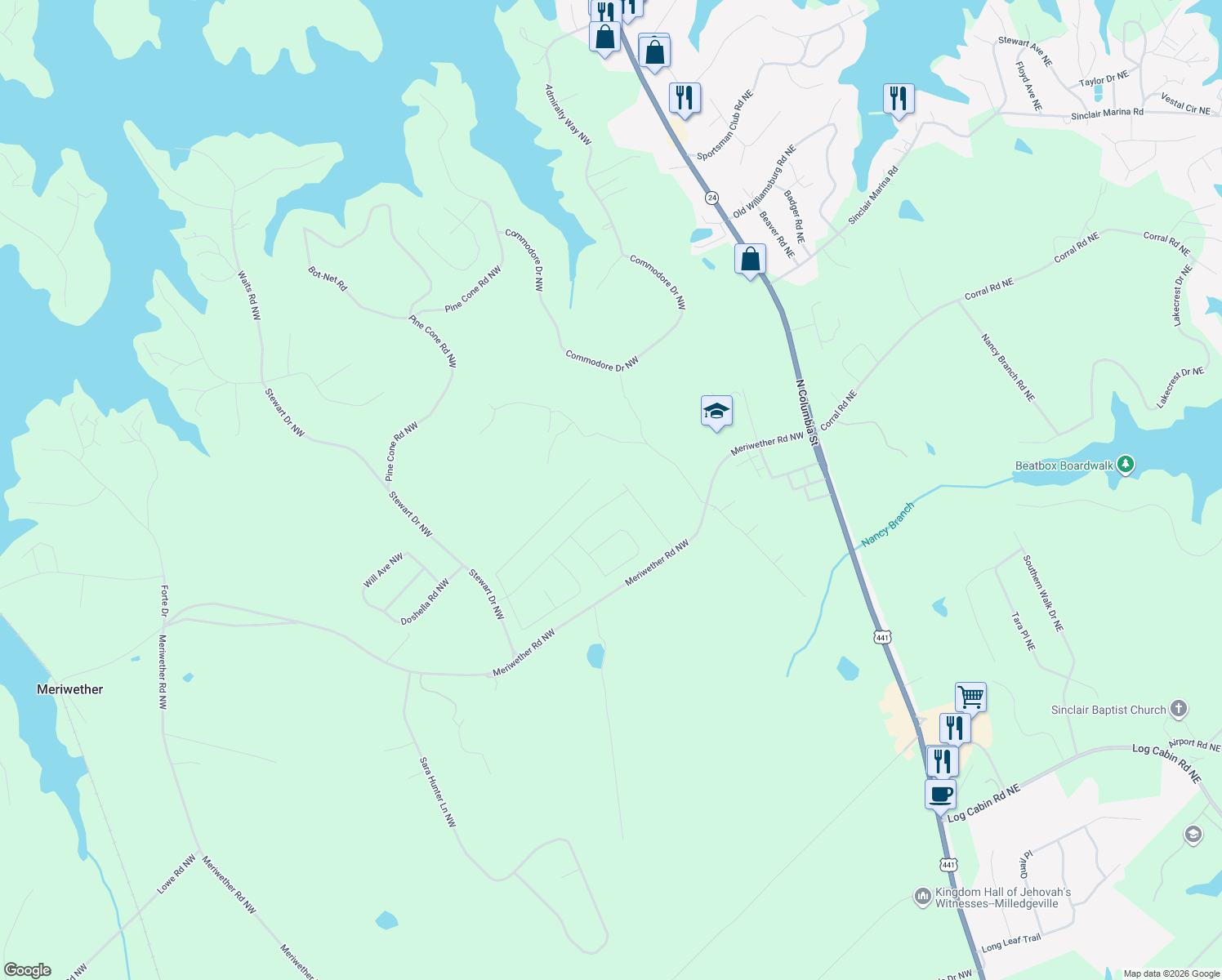 map of restaurants, bars, coffee shops, grocery stores, and more near 143 High Point Rd NW in Milledgeville