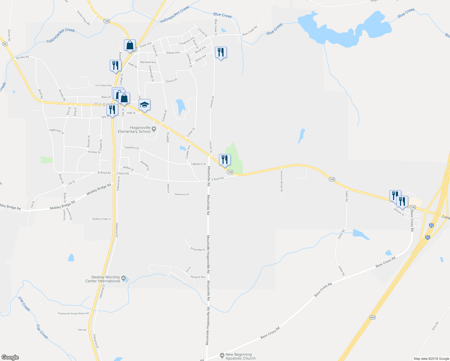 map of restaurants, bars, coffee shops, grocery stores, and more near 707 East Boyd Road in Hogansville