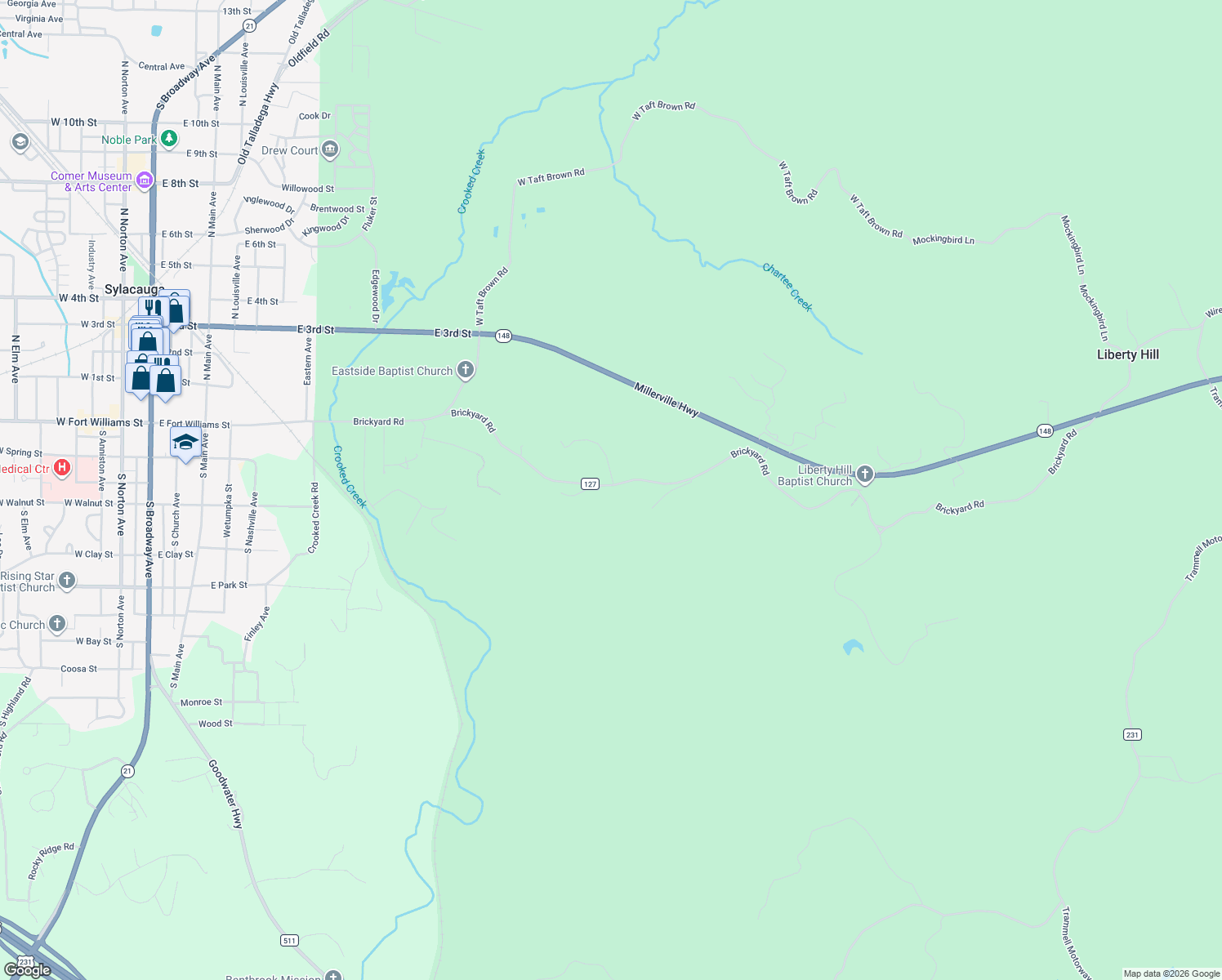 map of restaurants, bars, coffee shops, grocery stores, and more near 1512 Brickyard Road in Sylacauga