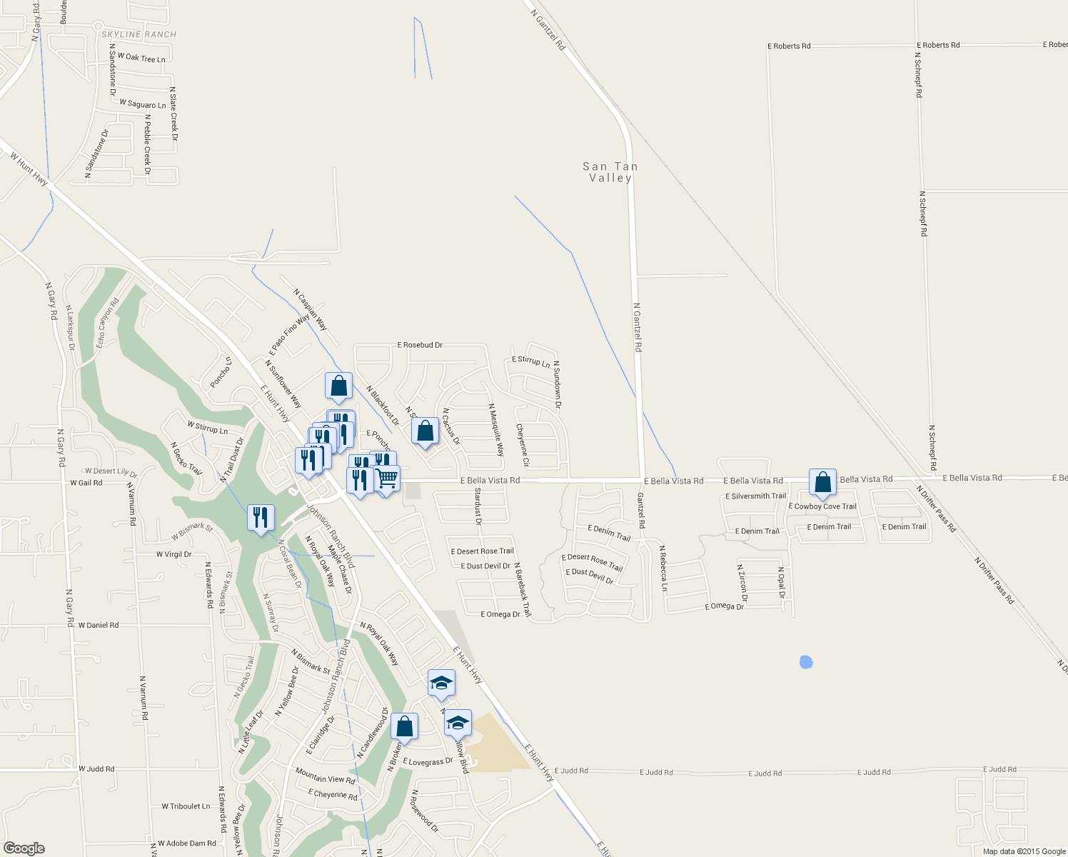 map of restaurants, bars, coffee shops, grocery stores, and more near 1401 East Desert Holly Drive in San Tan Valley