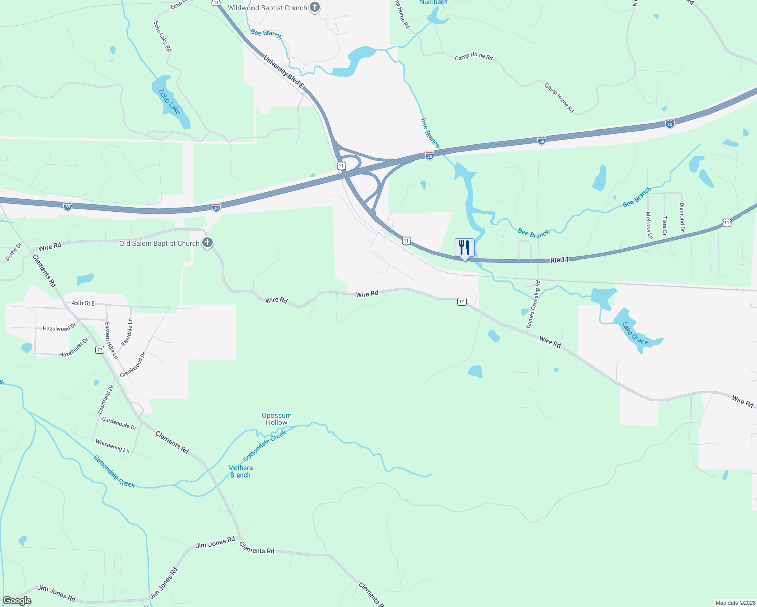map of restaurants, bars, coffee shops, grocery stores, and more near Willow Creek in Cottondale