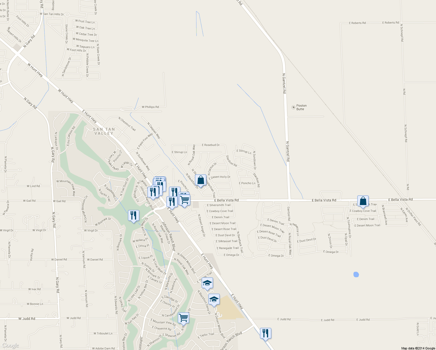map of restaurants, bars, coffee shops, grocery stores, and more near 1042 East Desert Holly Drive in Queen Creek