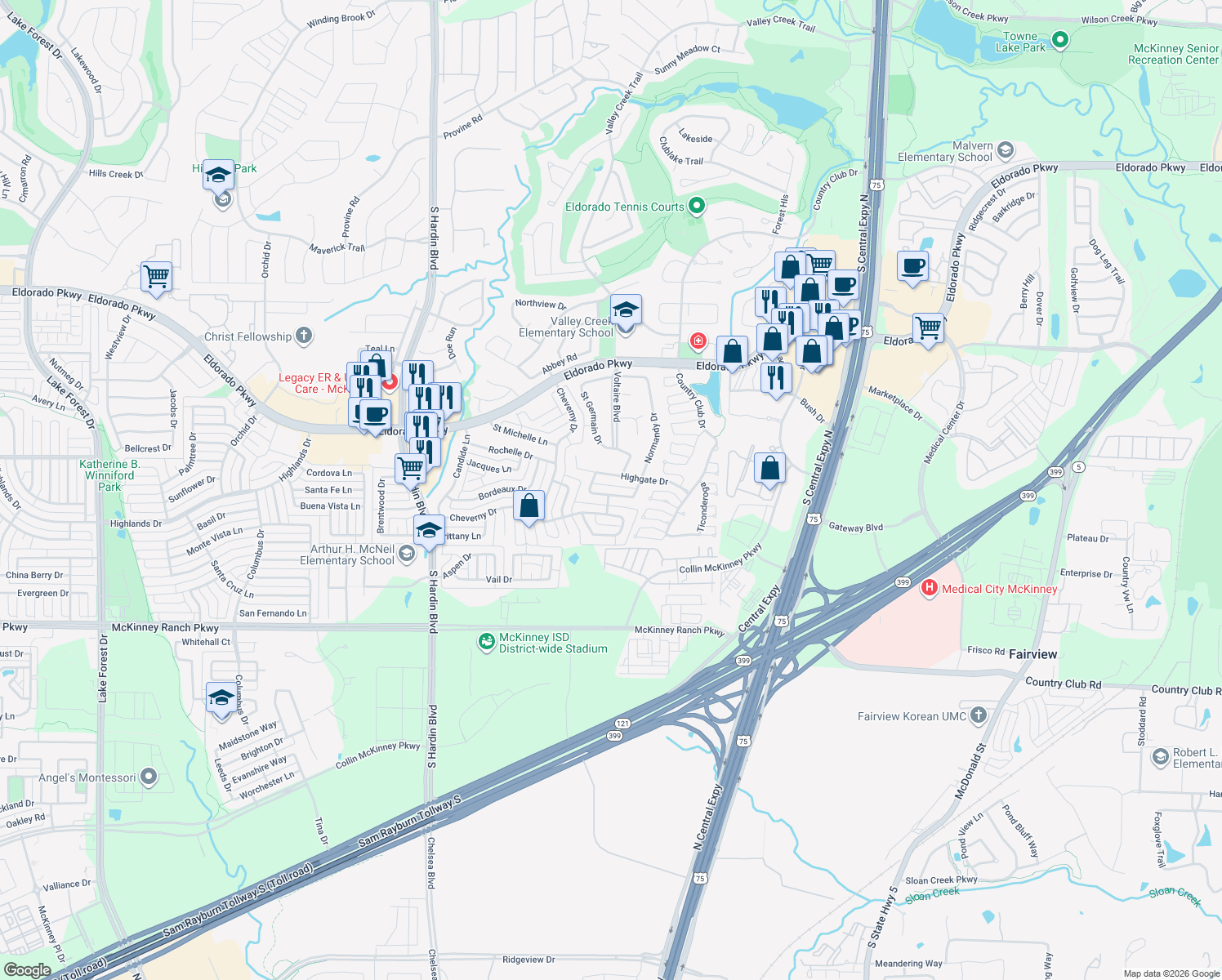 map of restaurants, bars, coffee shops, grocery stores, and more near 2408 Saint Remy Drive in McKinney