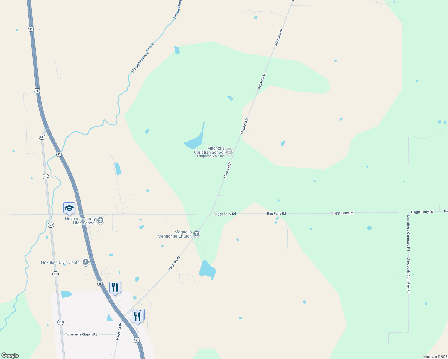 map of restaurants, bars, coffee shops, grocery stores, and more near Magnolia Drive in Macon