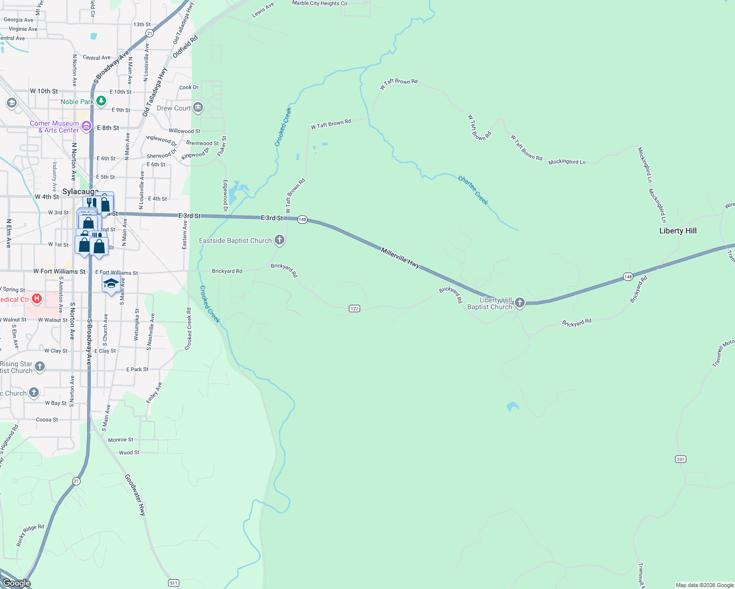 map of restaurants, bars, coffee shops, grocery stores, and more near 1512 Brickyard Road in Sylacauga