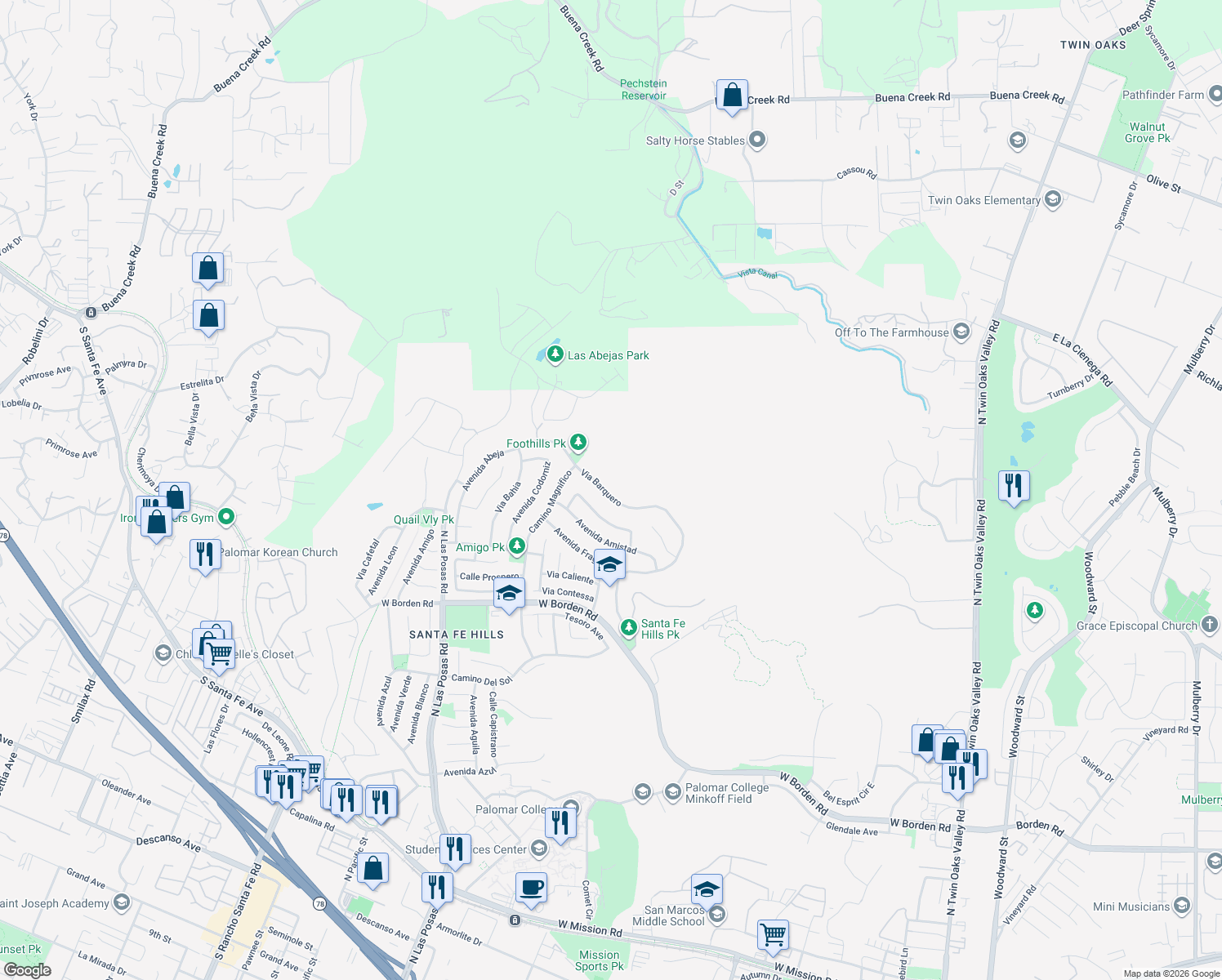 map of restaurants, bars, coffee shops, grocery stores, and more near 857 Via Barquero in San Marcos