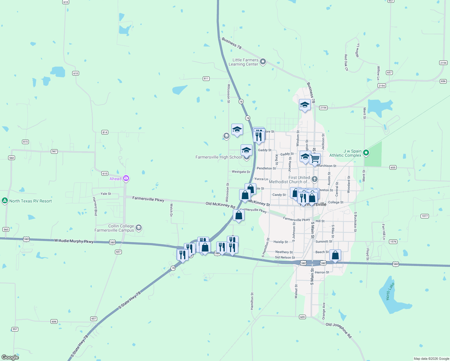 map of restaurants, bars, coffee shops, grocery stores, and more near 213 Wilcoxson Street in Farmersville