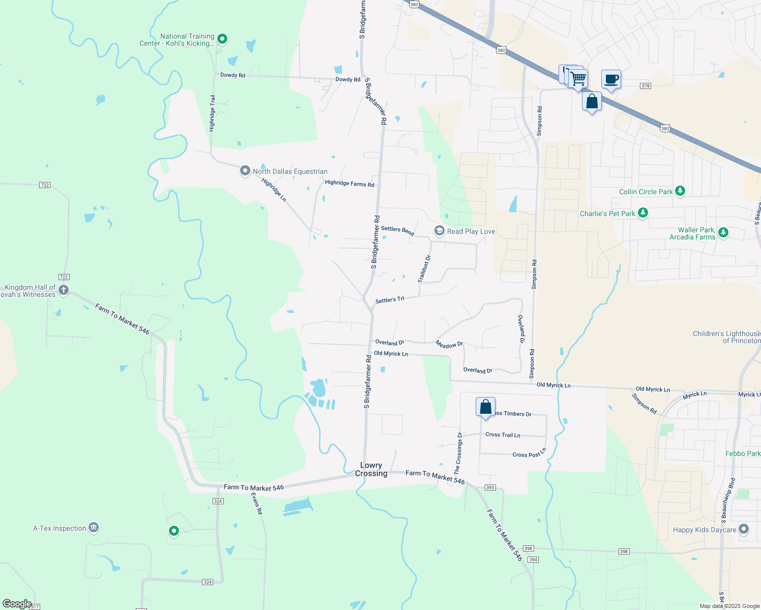 map of restaurants, bars, coffee shops, grocery stores, and more near 105 Settlers Trail in McKinney