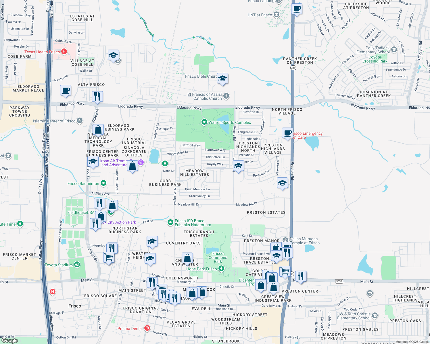 map of restaurants, bars, coffee shops, grocery stores, and more near 10642 Stargazer Dr in Frisco